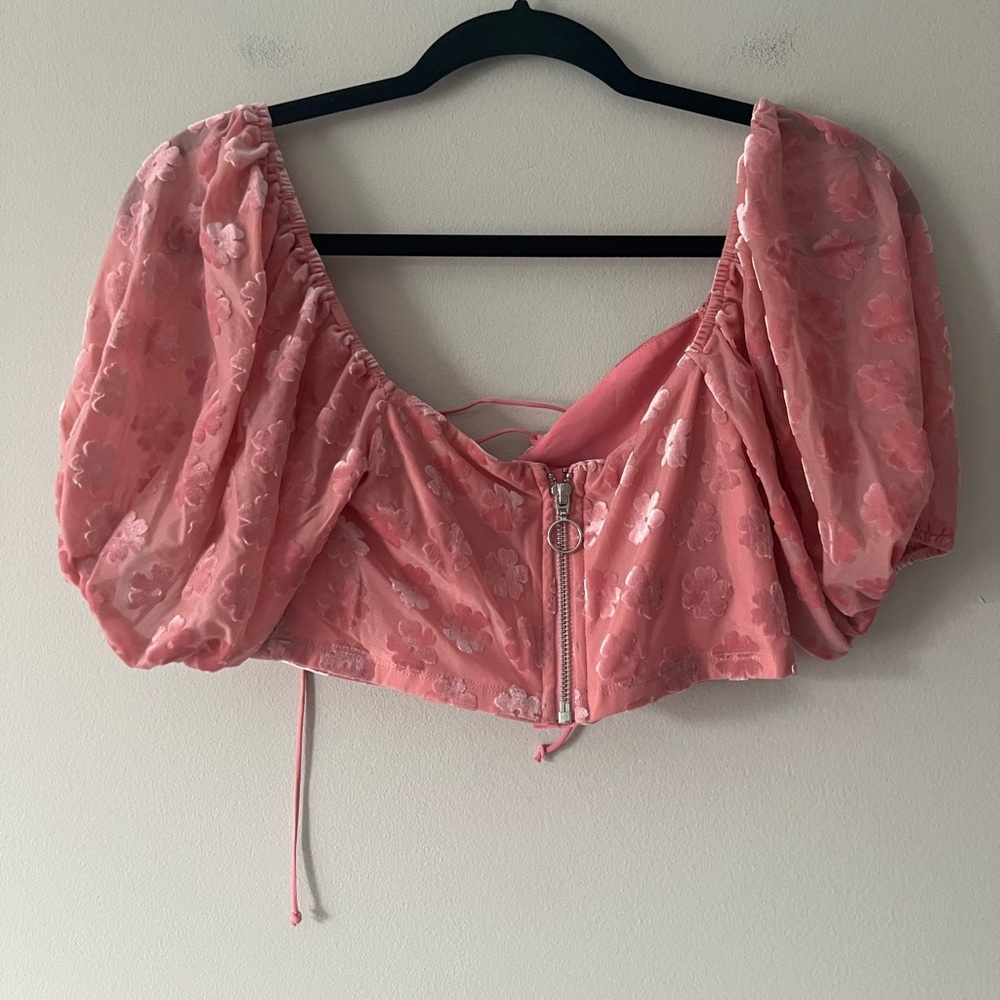 For Love & Lemons Pink Floral Burnout Puff Sleeve Crop Top S Lace Up - Picture 2 of 4